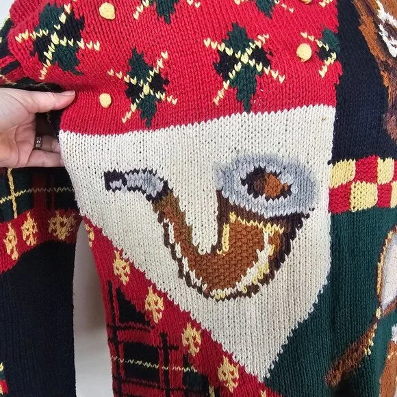 Vtg 1990 Eagles Eye Tartan Plaid Sweater Sz M Hound Dog Pipe Ugly Christmas - Picture 4 of 12
